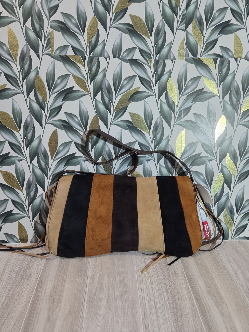 NWT Sorpresa Genuine Suede Leather Striped Side Fringe Shoulder Bag Boho 70s